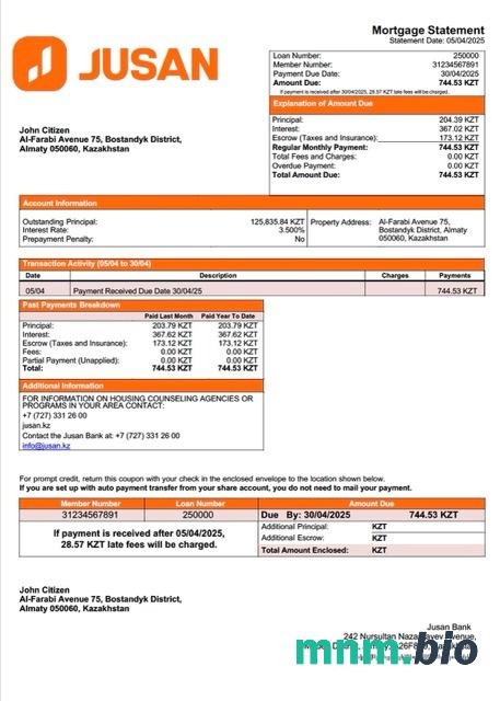 Kazachstan Bank Jusan wyciąg z kredytu hipotecznego szablon Word i PDF